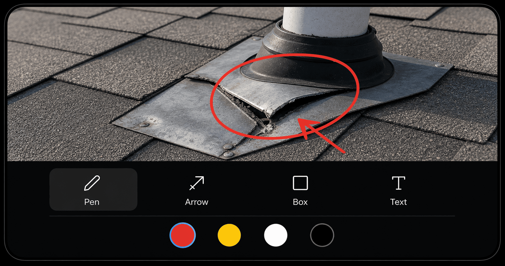 A roof flashing damage photo opened in an annotation screen with red markup and Pen, Arrow, Box, and Text tools