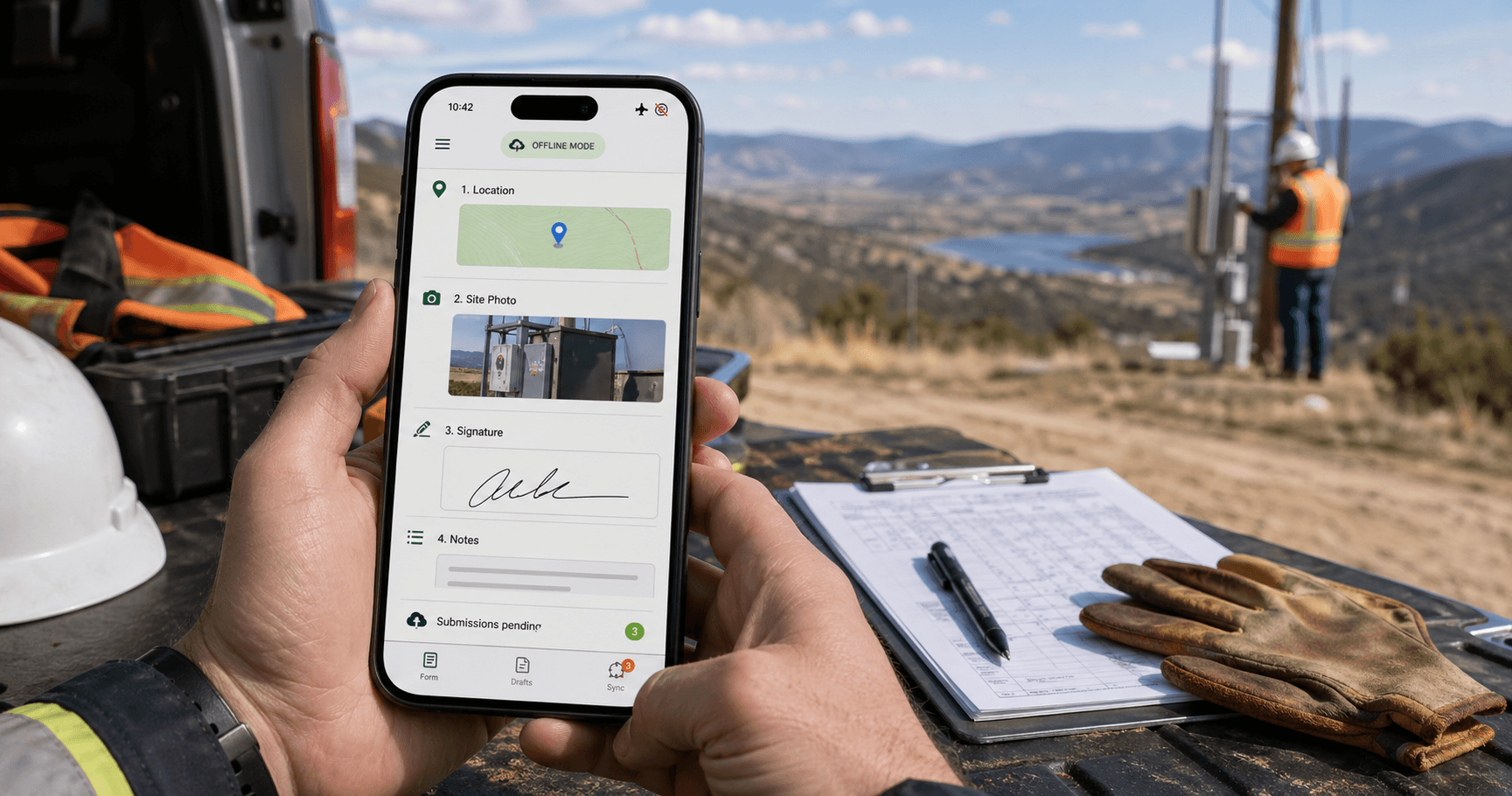 Offline field data collection form on a mobile device at a remote work site