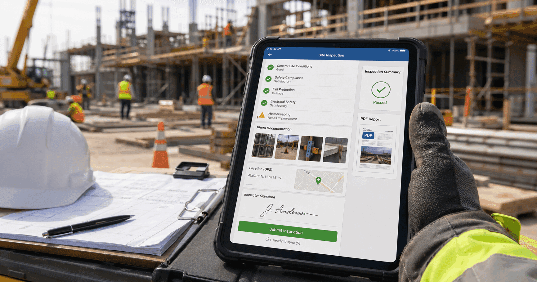 Digital construction inspection checklist with photo evidence and GPS on a job site