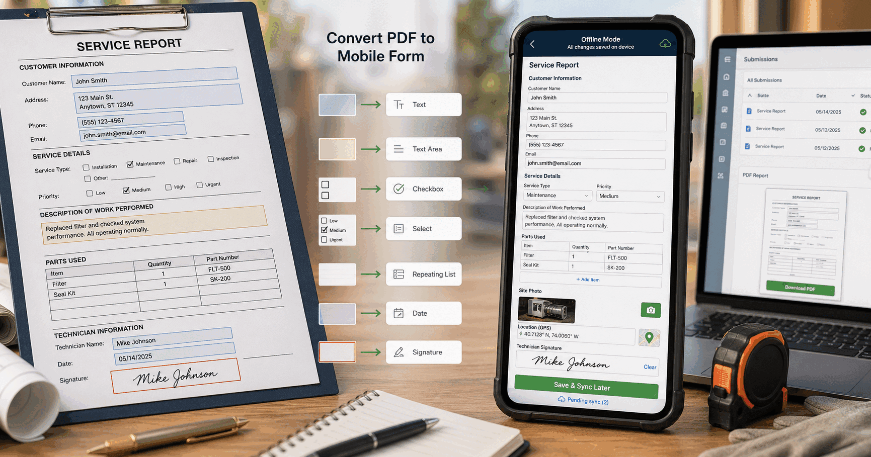 PDF form fields being converted into an offline mobile form with photo, GPS, signature, and report export