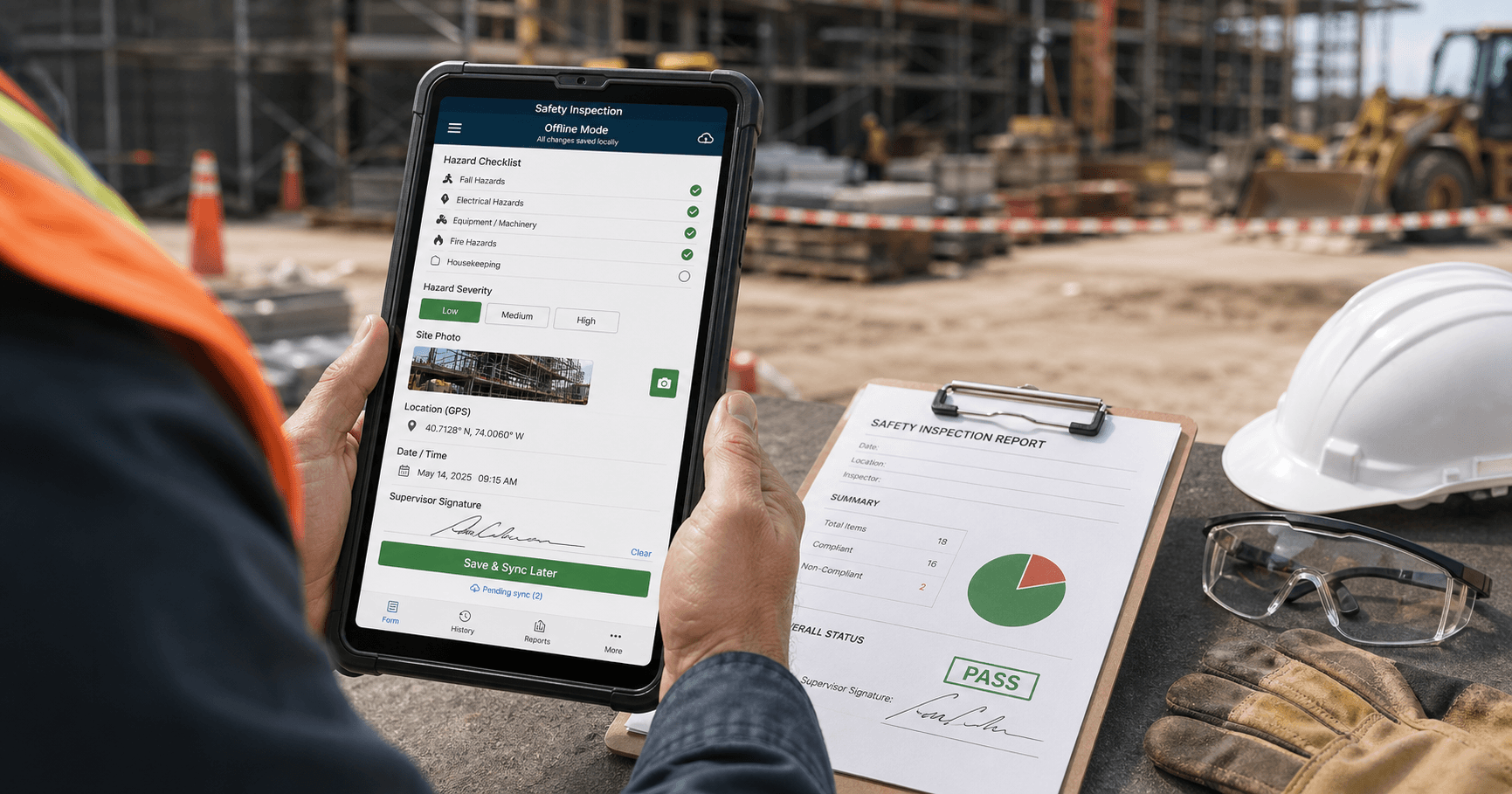 Digital field safety inspection form with hazard checklist, photo evidence, GPS, signature, and offline sync