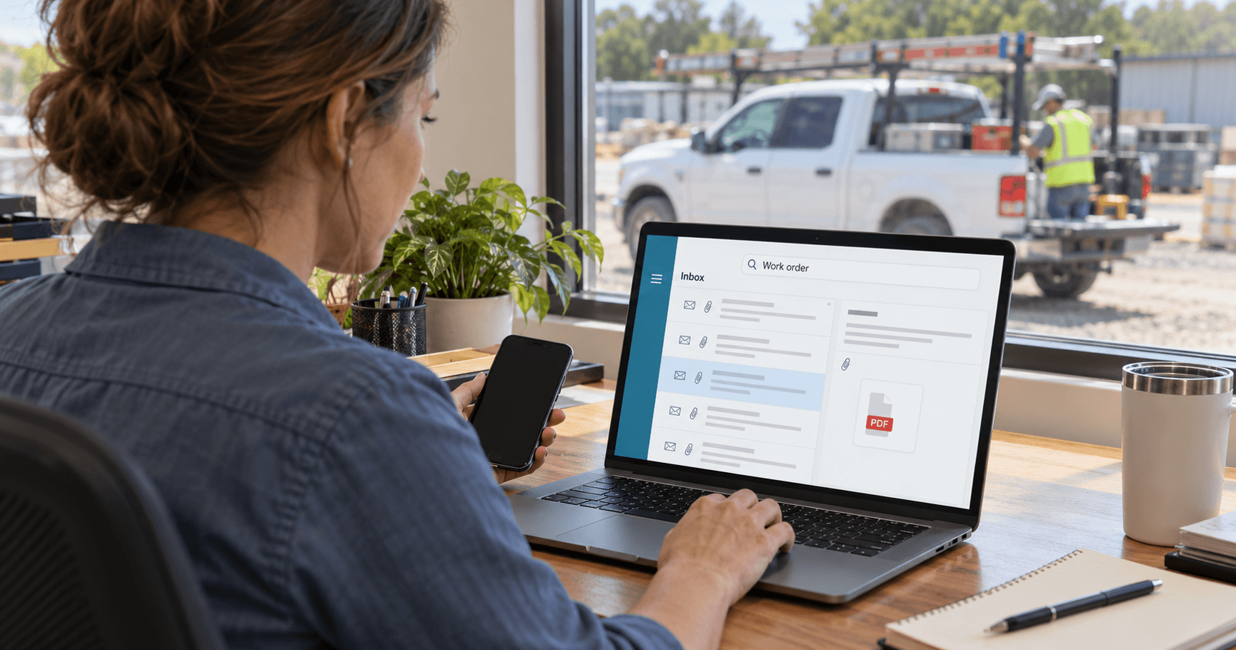 An office manager searches an email inbox on a laptop while holding a phone, with a field crew truck visible through the window.