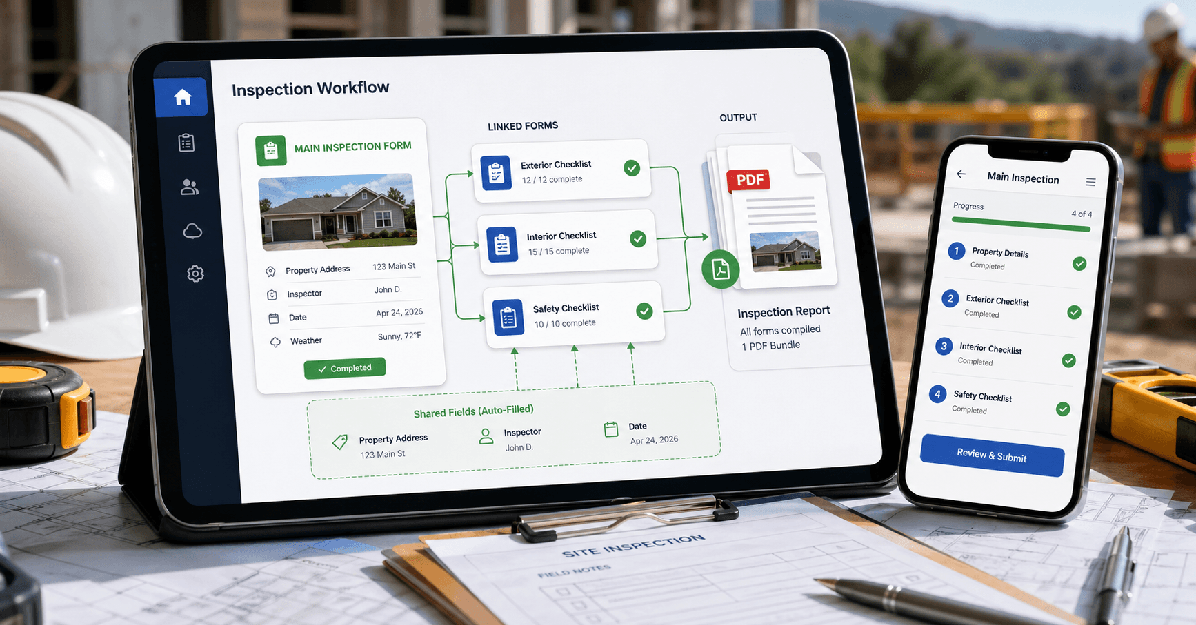 Linked inspection forms flowing from a main site visit form into a bundled report