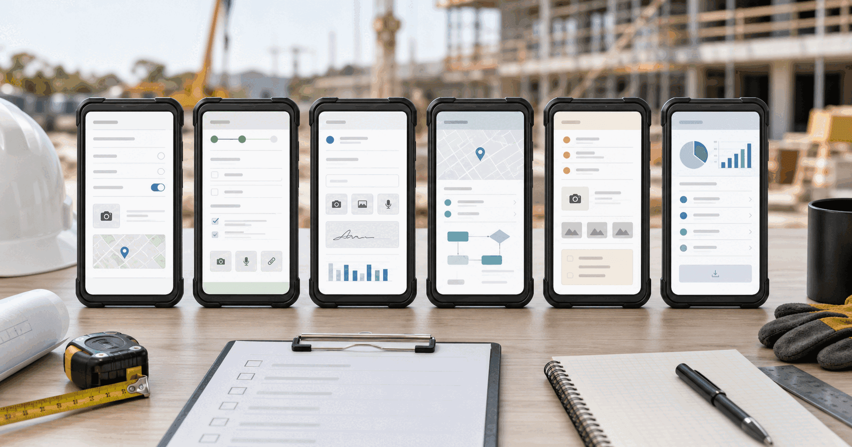 A neutral lineup of mobile form app screens compared side by side on rugged phones