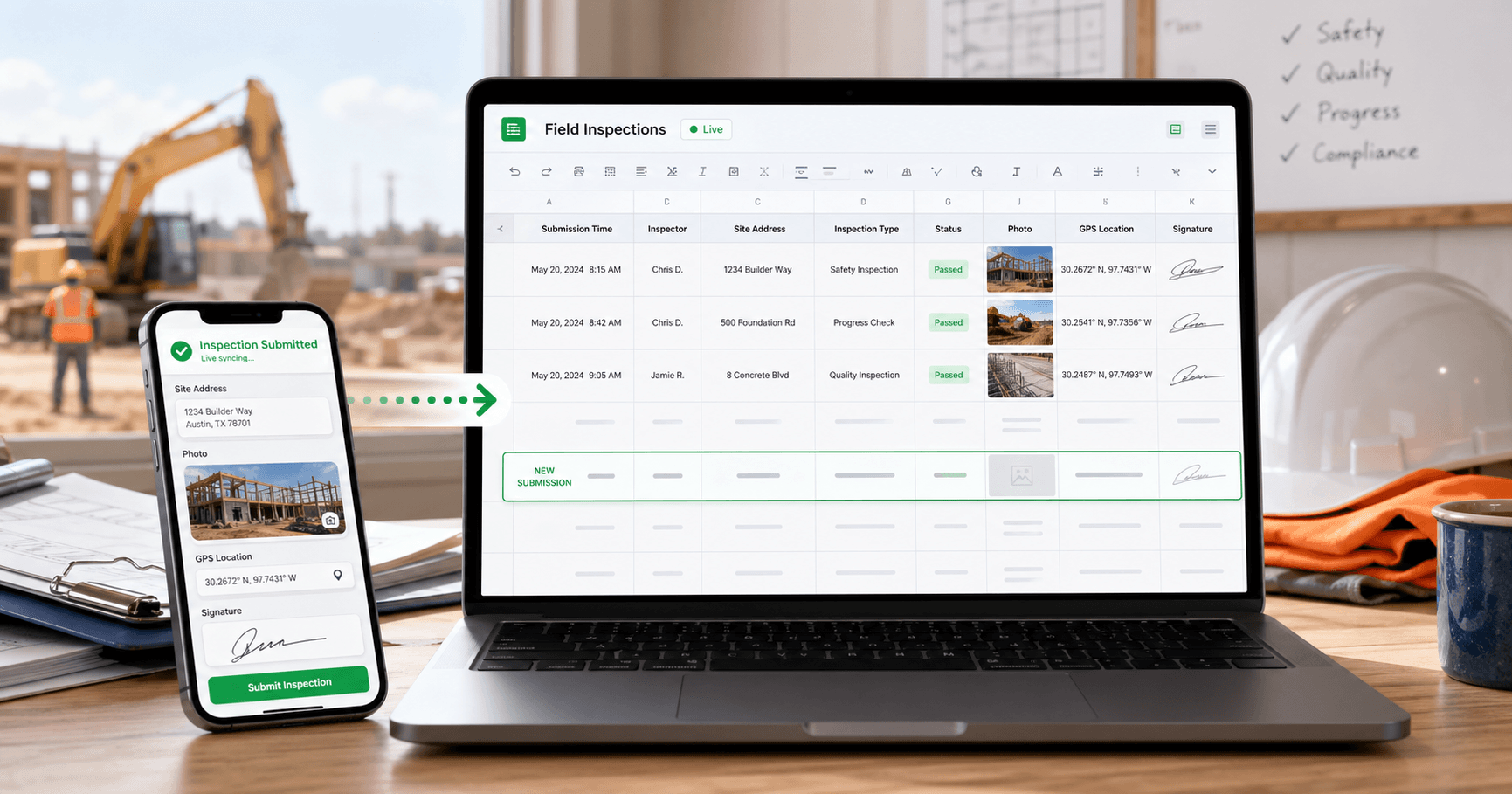MobileForm submission syncing into a spreadsheet from a field work mobile form