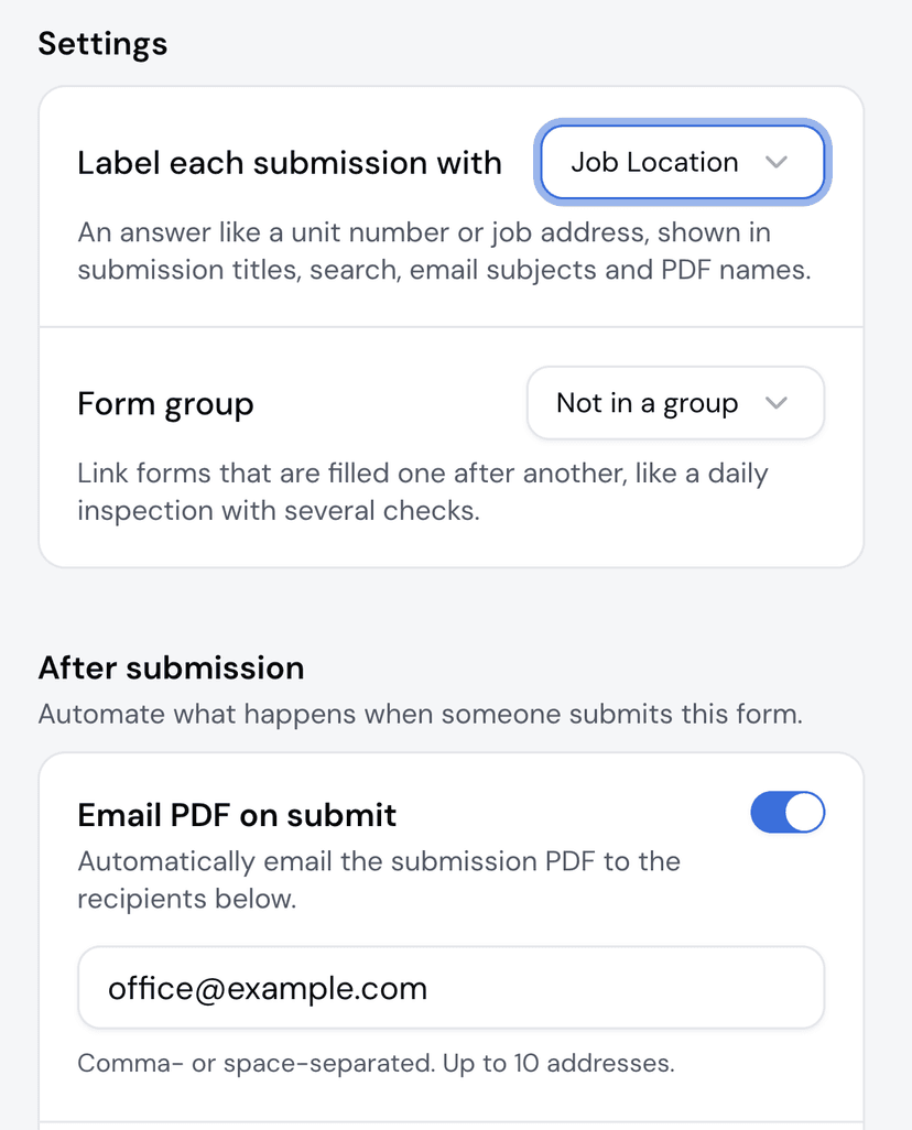Job Location picked as the label, with Email PDF on submit turned on below it
