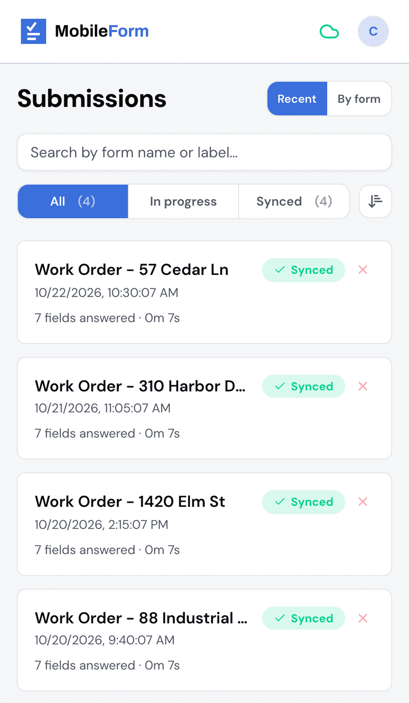Work orders titled with the job address in the Submissions list, ready to search