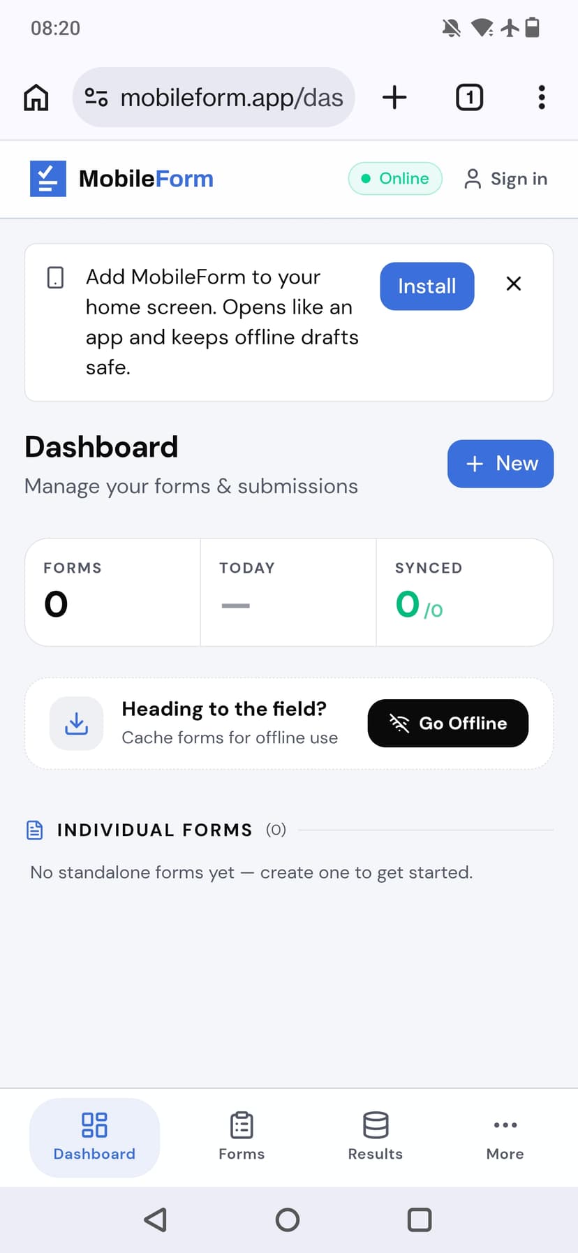 The MobileForm install banner with its one-tap Install button on Android