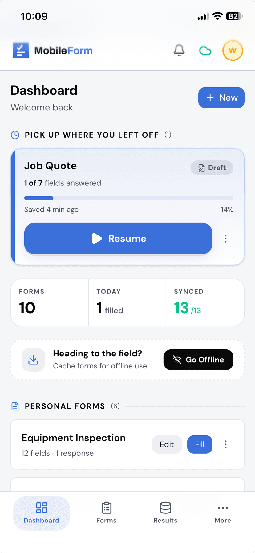 MobileForm opened from the iPhone home screen, full screen with no browser bar