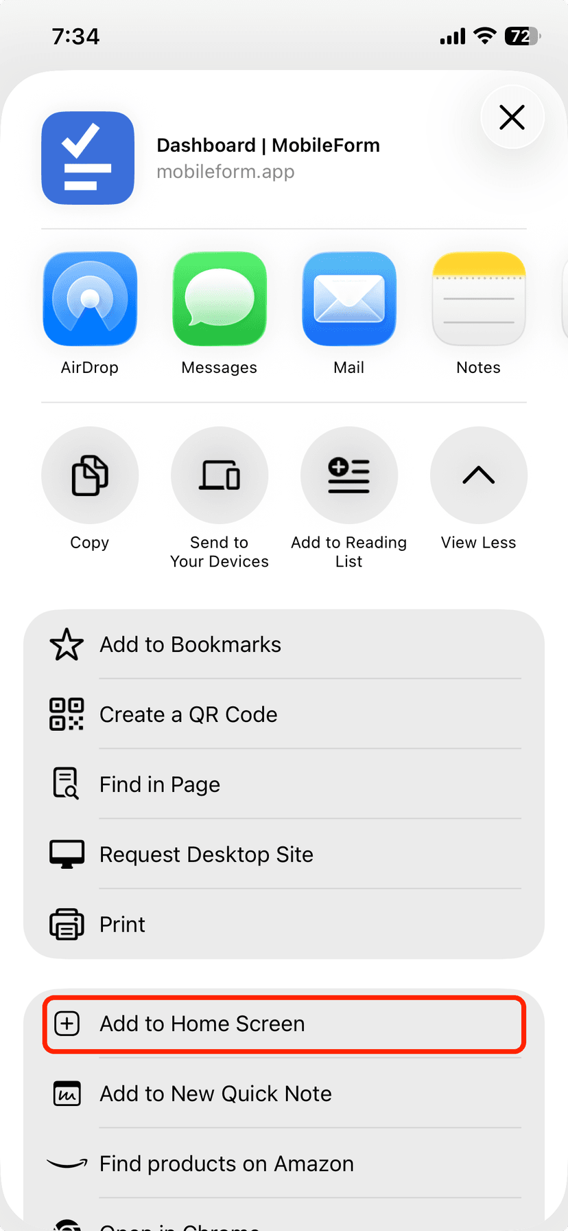 The iOS share sheet scrolled to reveal the Add to Home Screen action