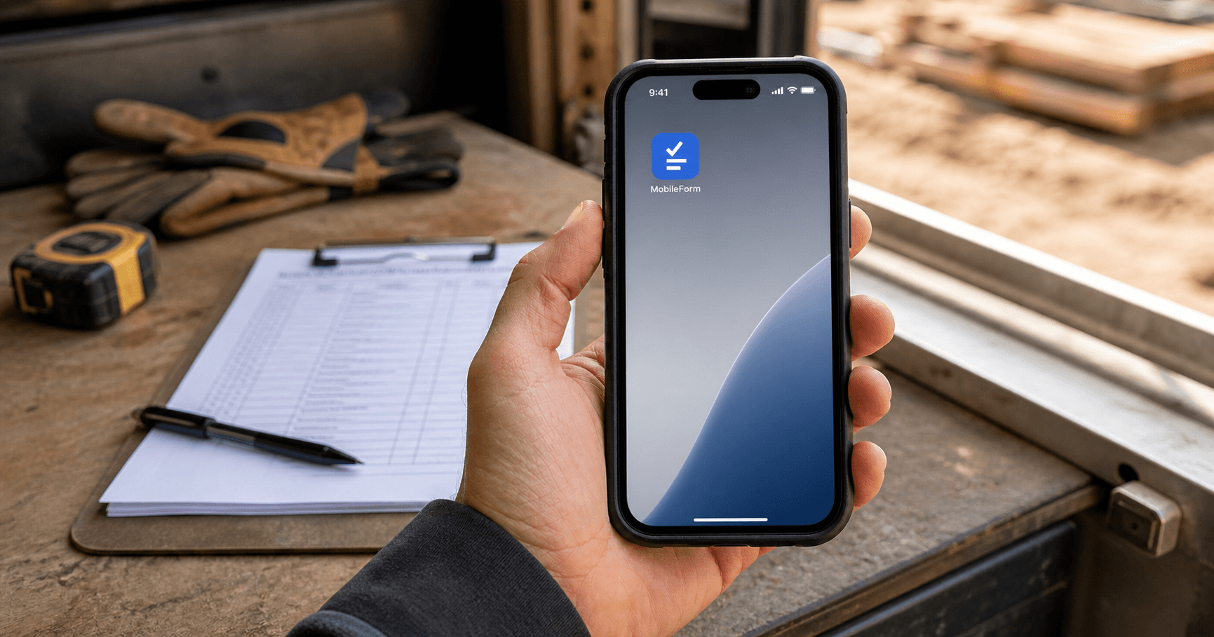 A phone home screen with the MobileForm app icon next to native apps, with a field worker about to tap it
