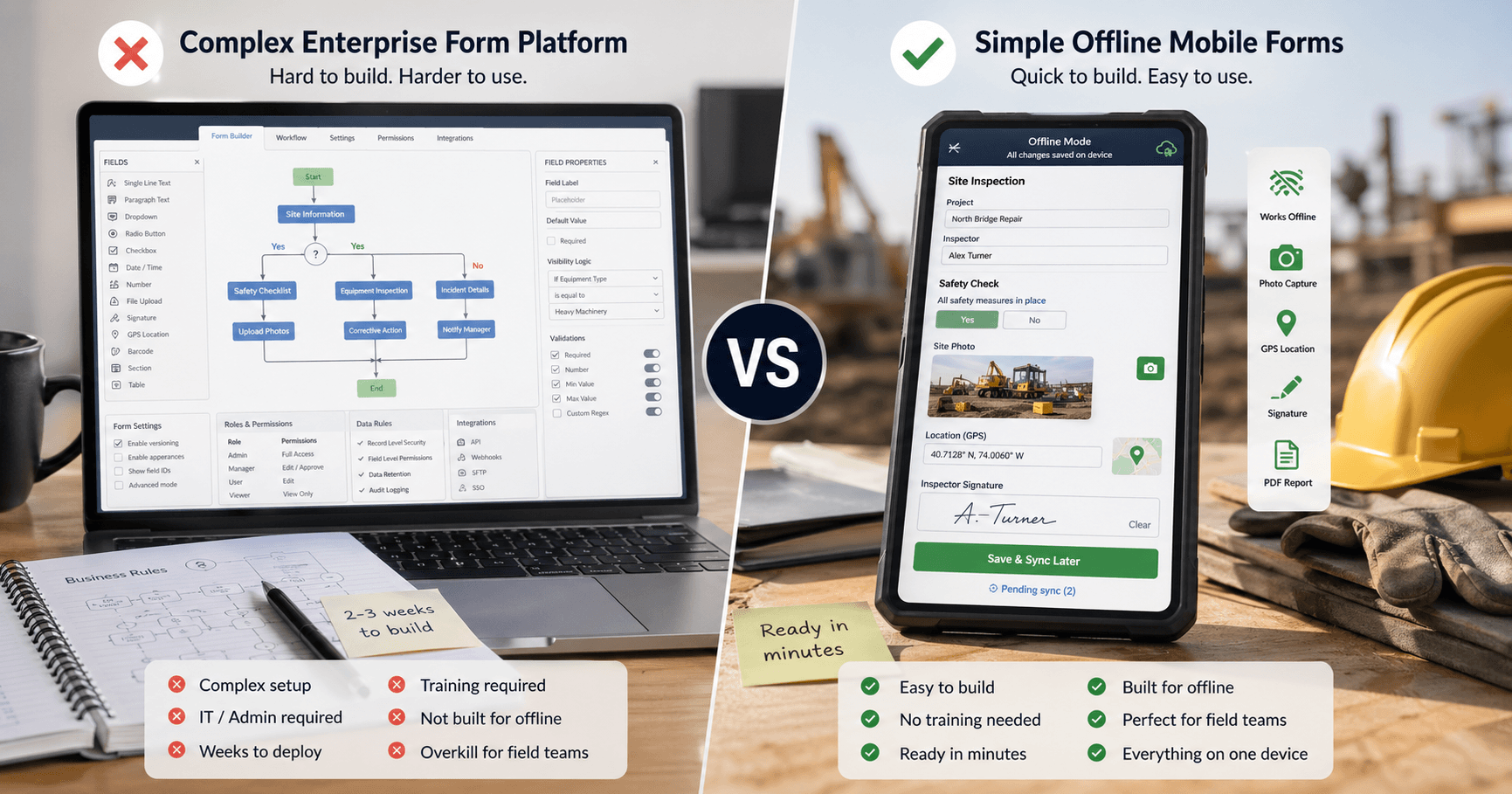 Comparison of a complex enterprise form builder and a simple offline mobile form workflow