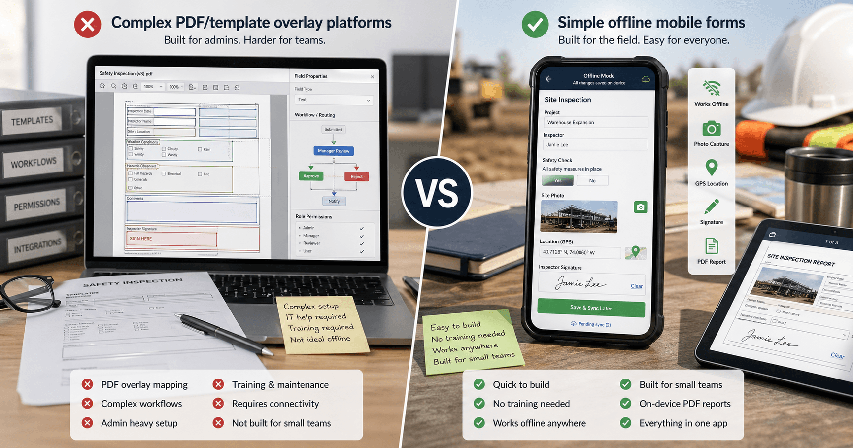 Comparison of a complex template overlay form builder and a simple offline mobile form workflow