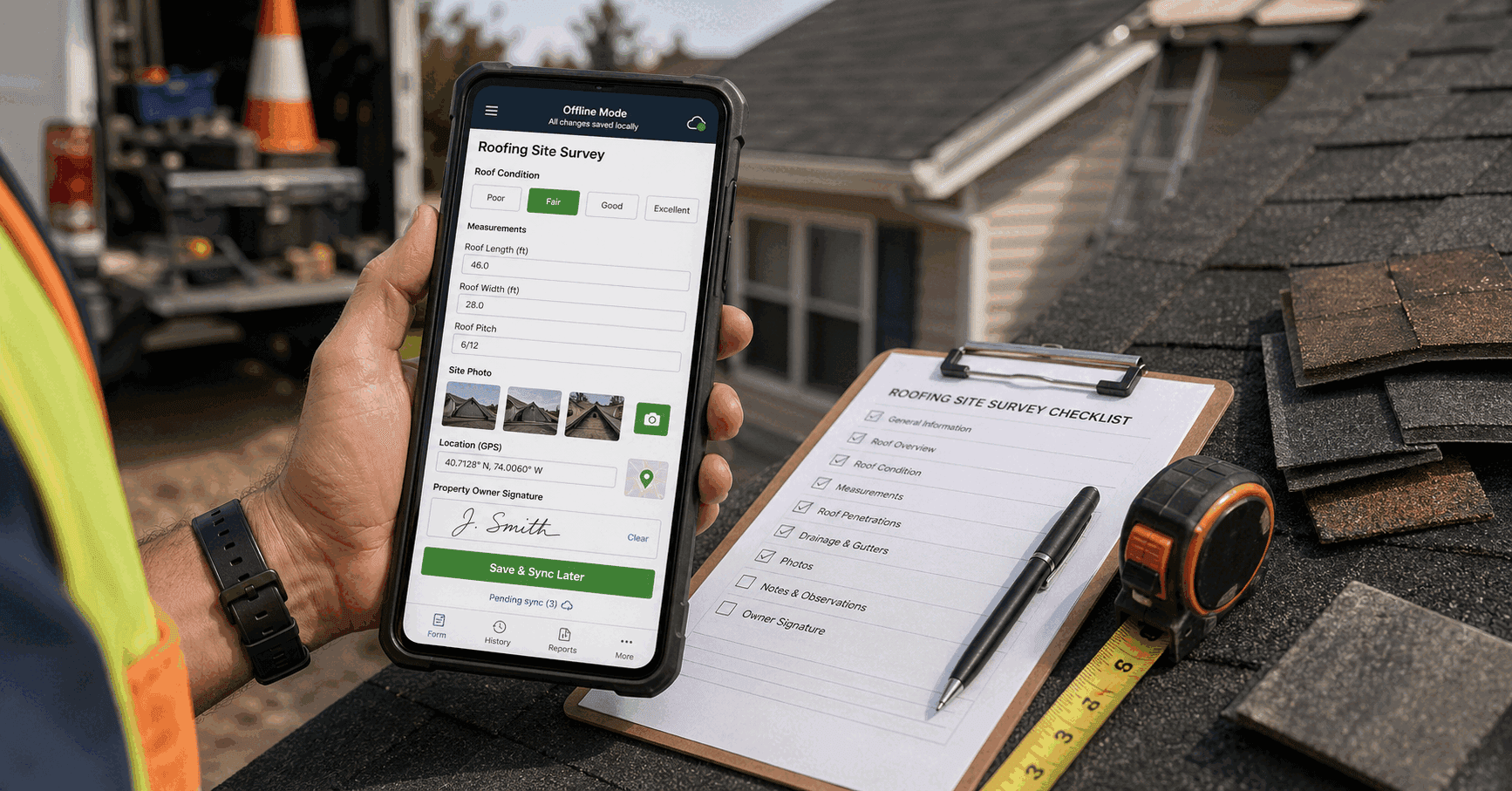 Roofing contractor capturing an offline site survey with photos, measurements, GPS, and signature