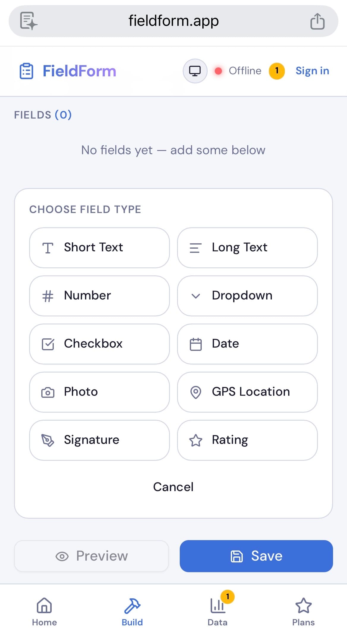 MobileForm form builder showing field type picker