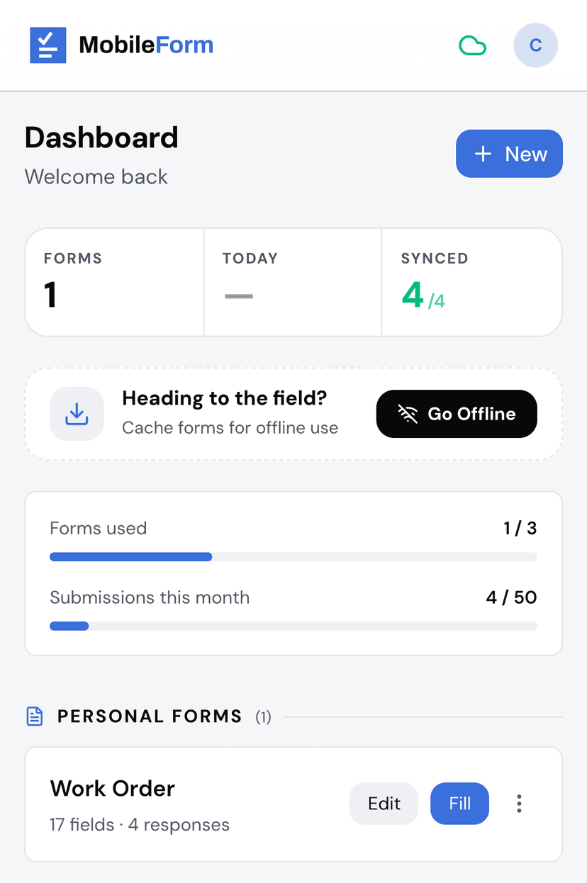 The Go Offline button on the dashboard downloads your forms before you lose signal