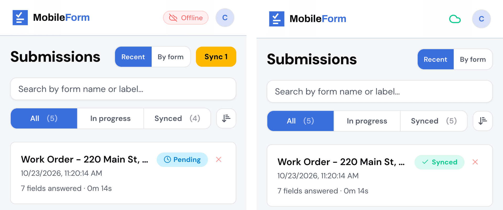 The same work order marked Pending while offline, then Synced once the phone reconnects, with no Sync button tapped