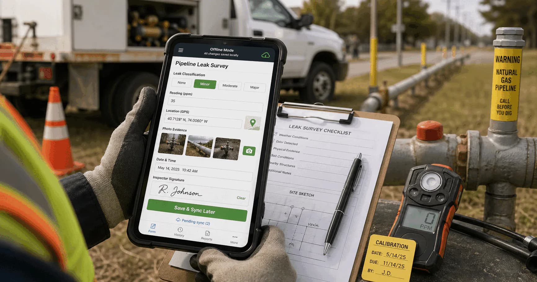 Offline pipeline leak survey form with GPS, photo evidence, and audit trail on a field tablet