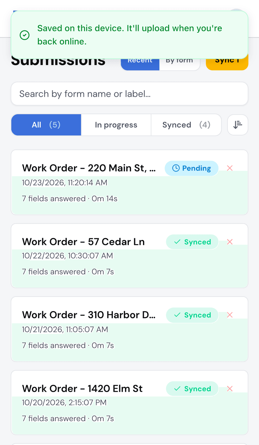 Submitting with no signal: the work order is saved on the phone and marked Pending