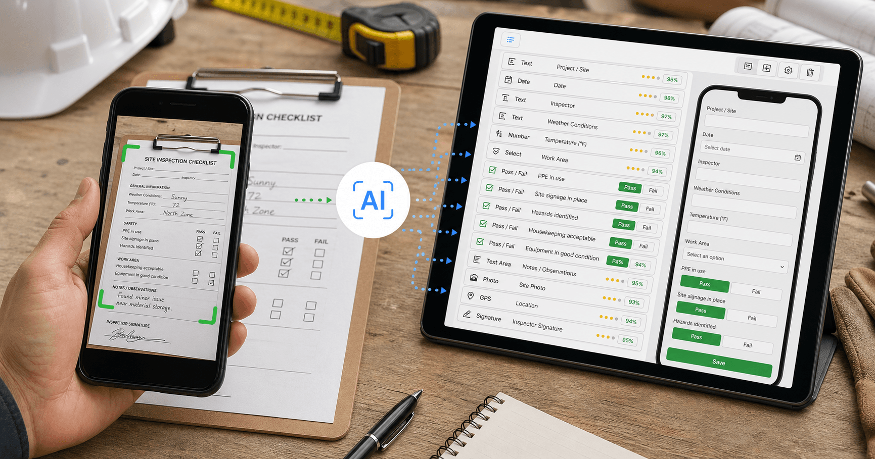 A paper inspection checklist being photographed and converted into a mobile form on a phone