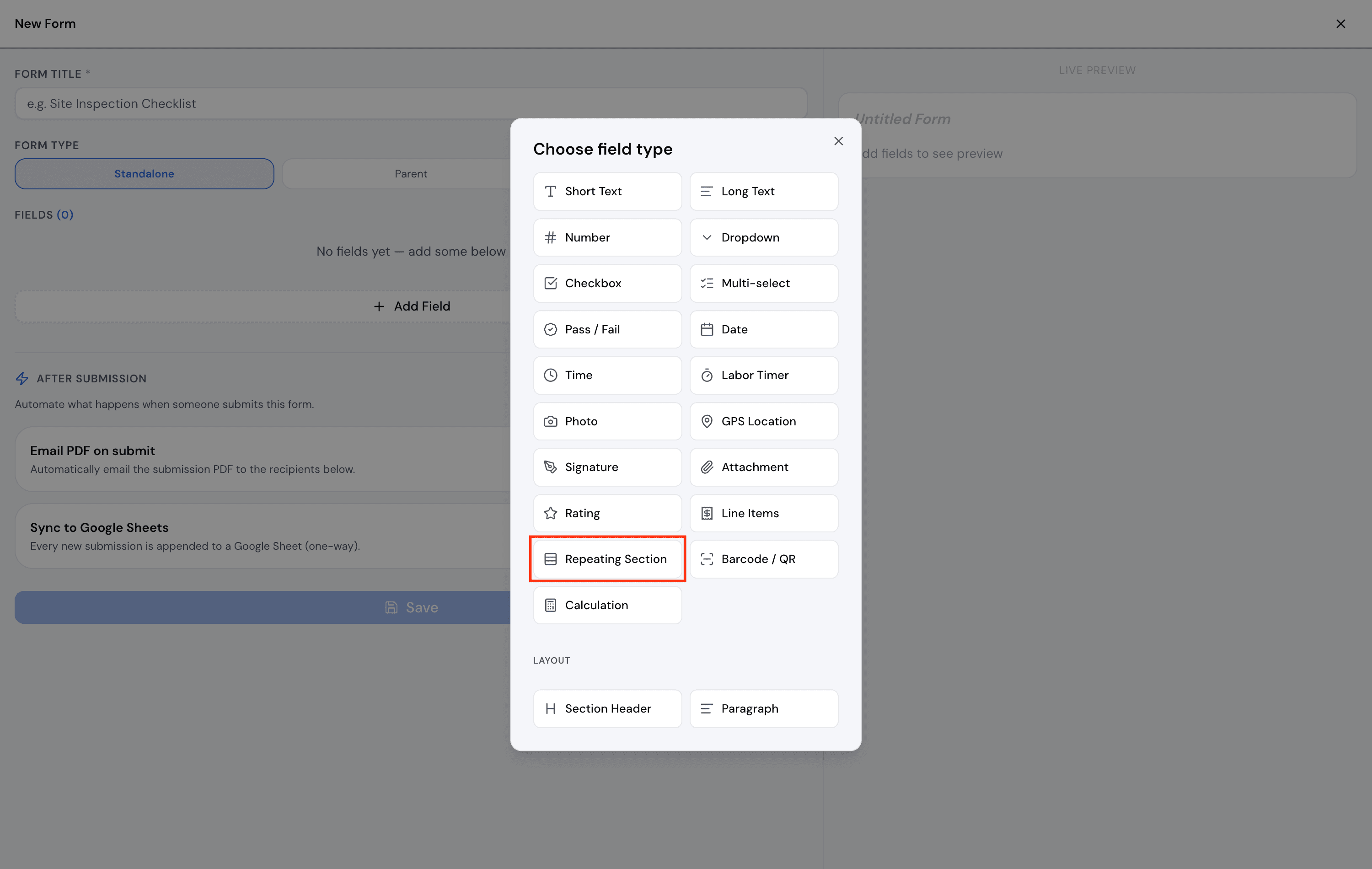 Building a repeating section in the form editor with its child fields