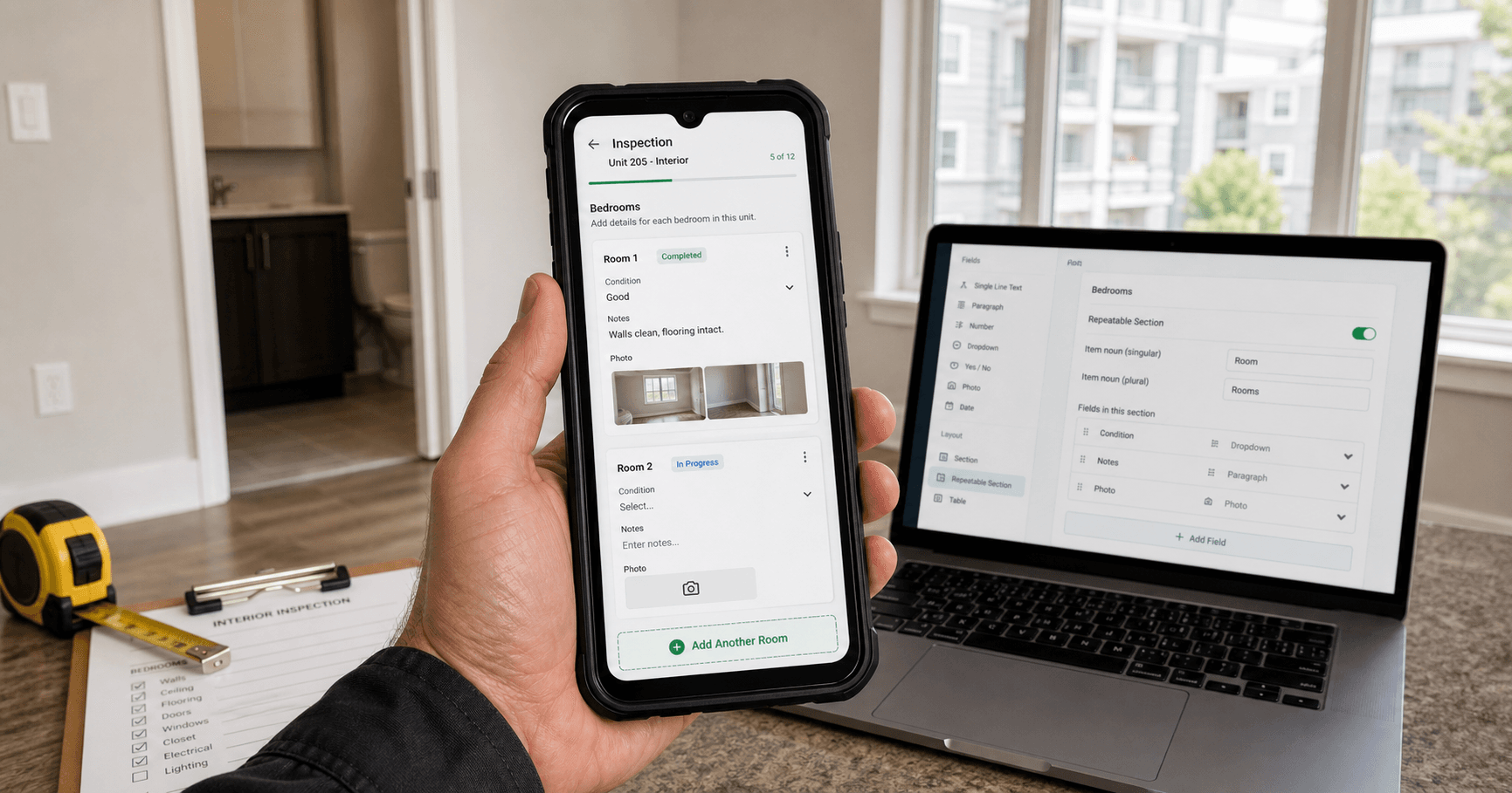 A field inspector on a phone adding a second room card to a repeating inspection section, with Room 1 already filled in