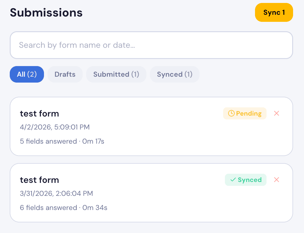 MobileForm submissions list showing synced and pending status
