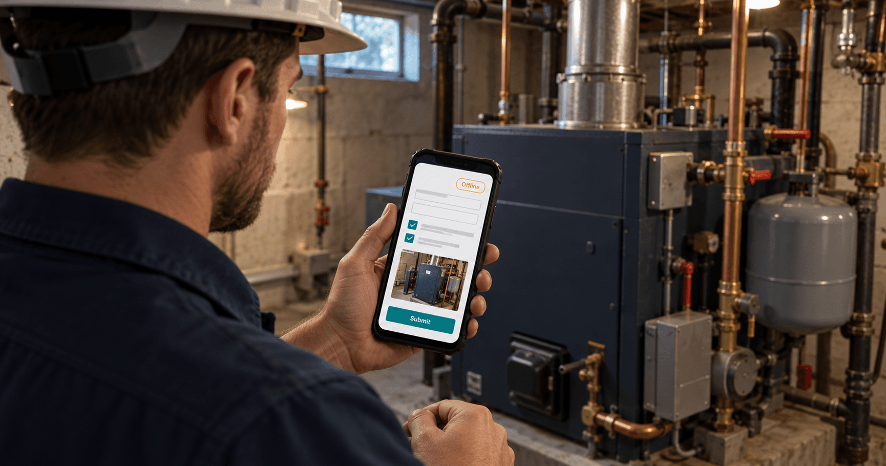 A technician beside a boiler and pipes in a basement mechanical room holds a phone showing an inspection form with an Offline badge.