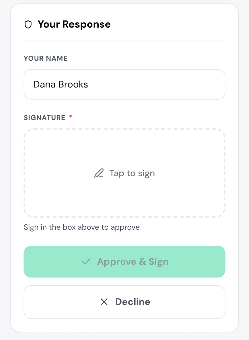 The review link a manager opens to approve and sign a timesheet