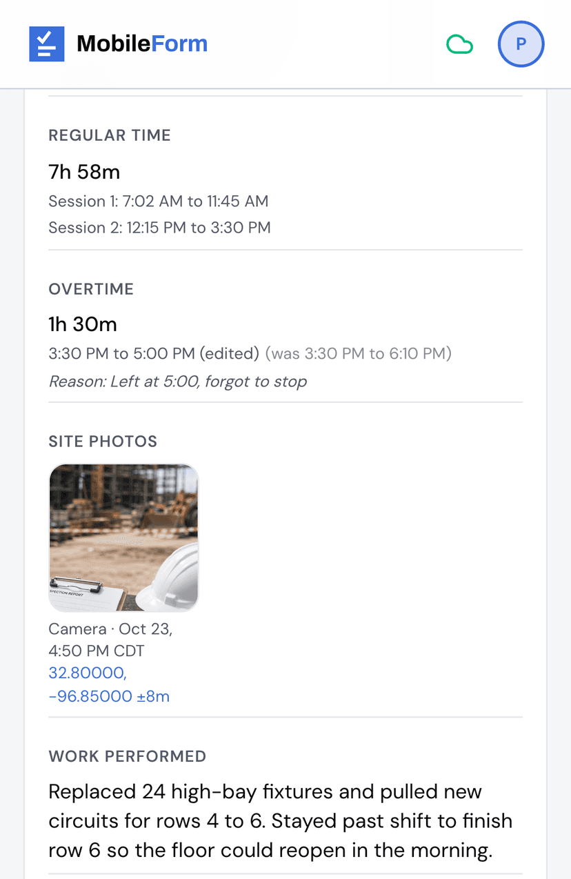 A submitted timesheet: two regular sessions, corrected overtime with its reason, and a camera photo with its time and coordinates