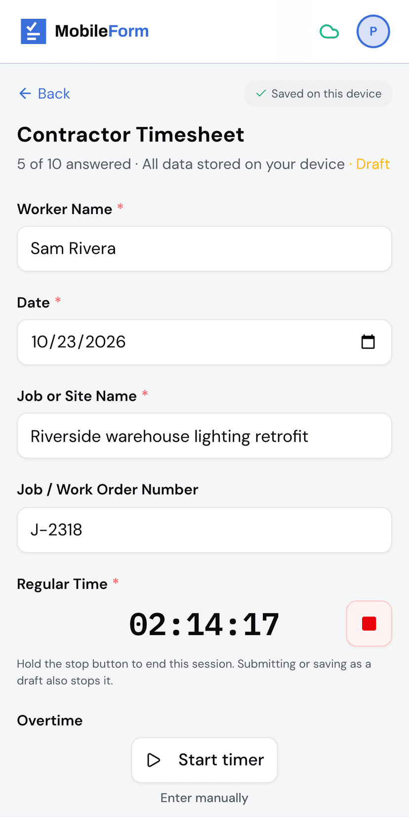 A running labor timer on a contractor timesheet, stopped only by holding the stop button