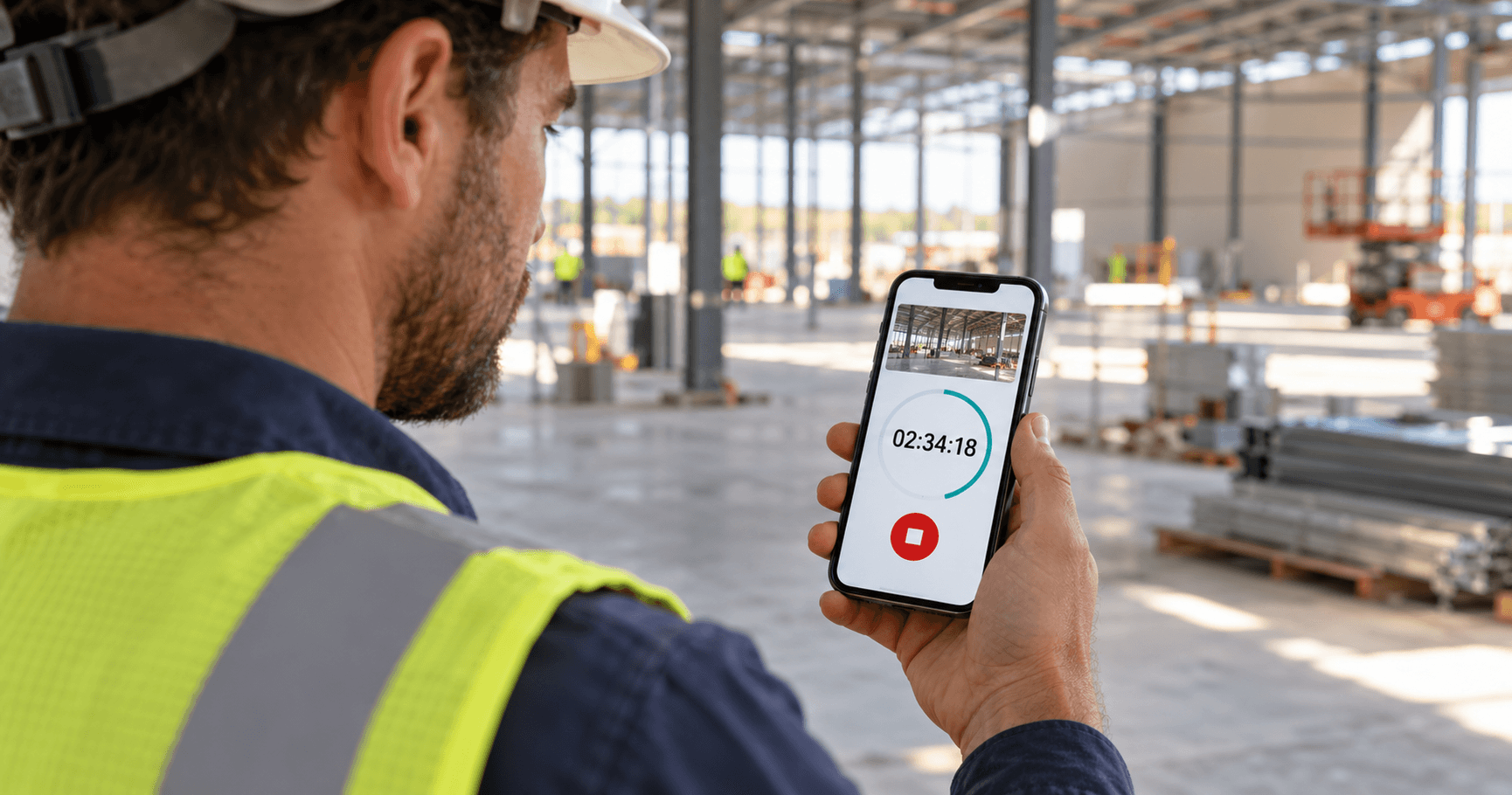 A contractor at a warehouse construction site holds a phone displaying a running work timer and a red stop button.