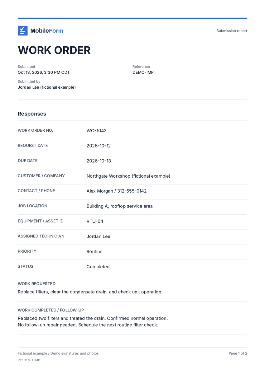 First page of a PDF report from the imported form, filled with fictional sample answers