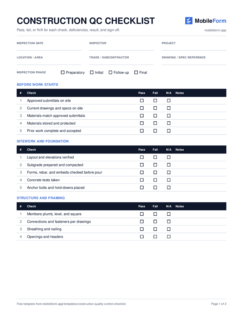 Blank construction quality control checklist with project details, inspection phase checkboxes, and pass, fail, and N/A columns for preparation, sitework, and framing checks