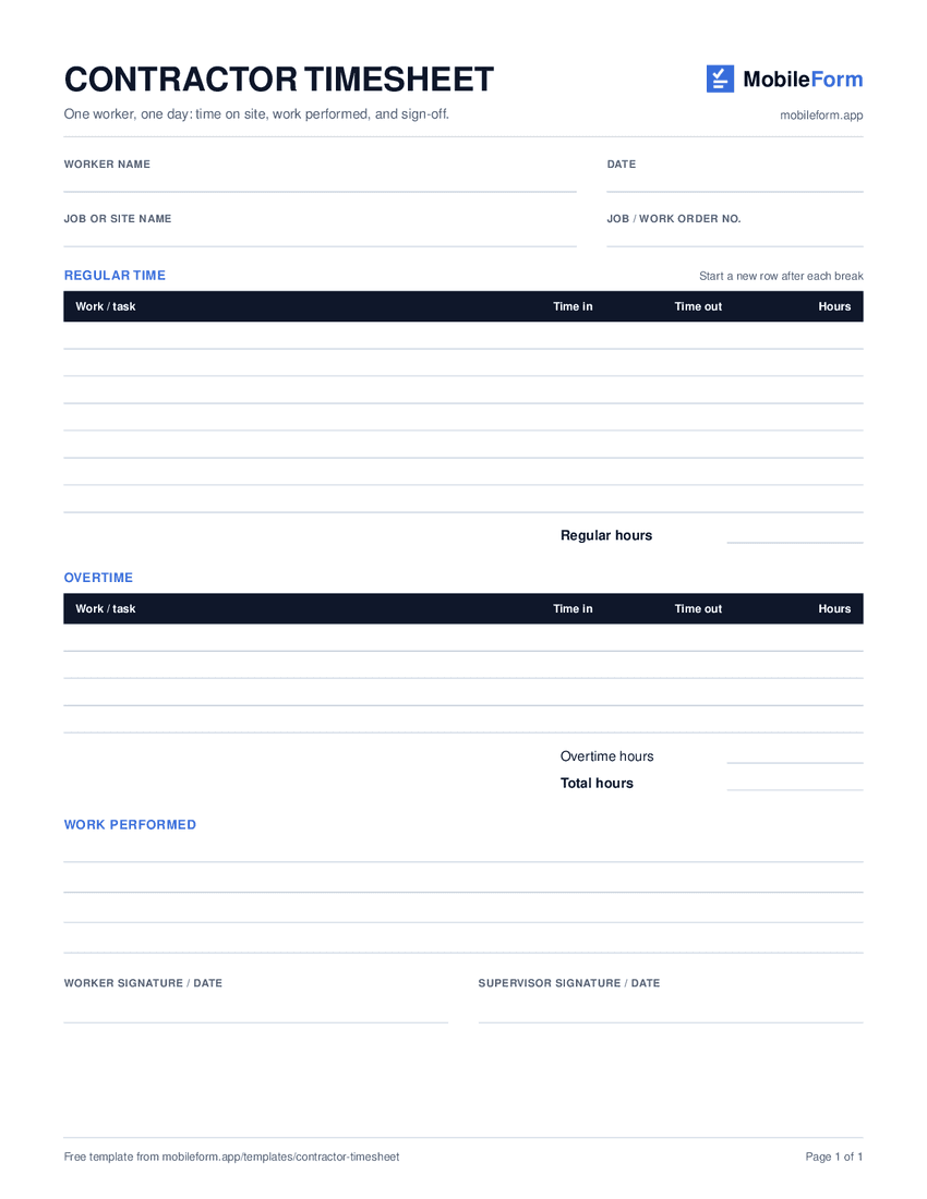 Blank contractor timesheet with worker and job details, regular time and overtime tables with time in, time out, and hours columns, work performed lines, and signature lines