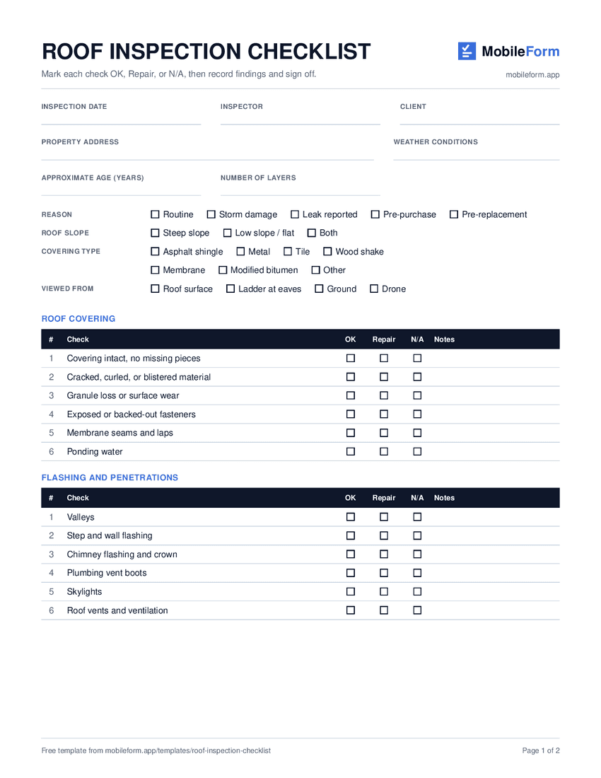 Blank roof inspection checklist with inspection and roof details, OK, Repair, and N/A columns for roof covering and flashing checks, and roof covering type checkboxes