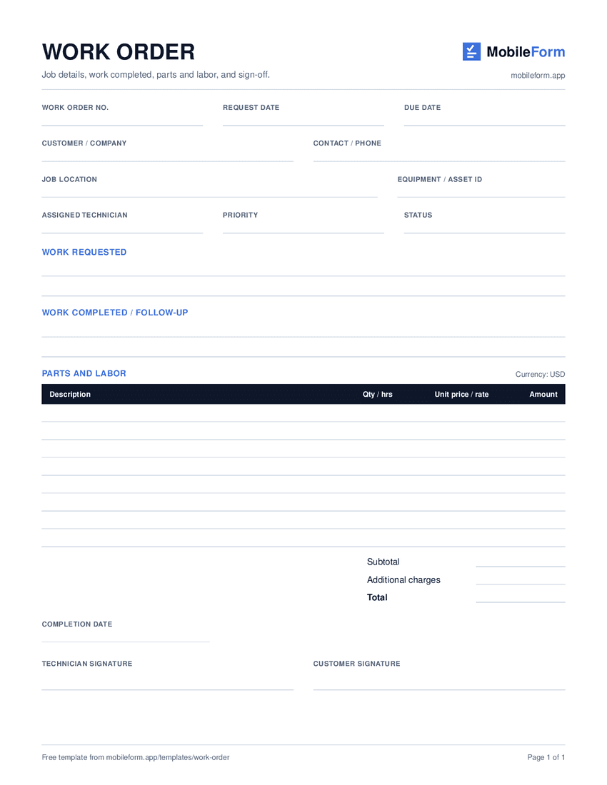 The printable work order template that this import read